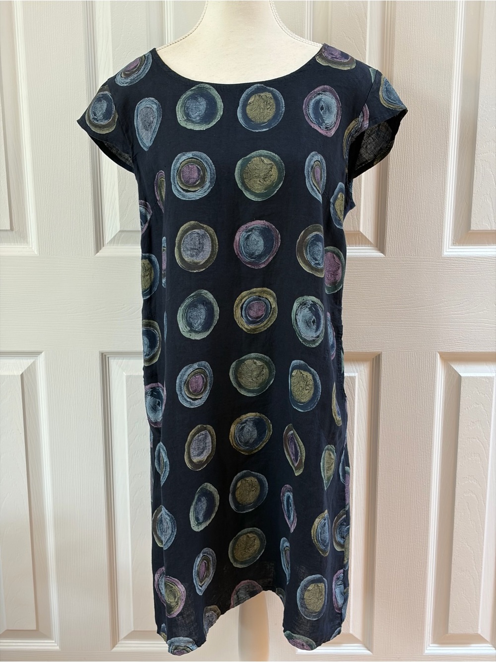 Nina Murati Navy with Pastel Circle Design Linen Cap Sleeve Dress Size L